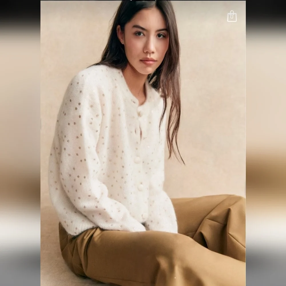 SÉZANE Talitha Kid Mohair Cardigan In Ecru  Champagne Dots NWOT XXS Runs Large - Picture 2 of 13